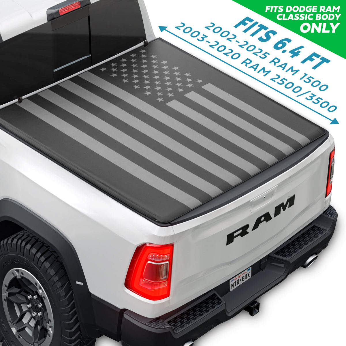 MotorBox USA Black American Flag Soft Roll-Up Retractable Tonneau Cover für Ram 1500 (2002 - 2023), Ram 2500 (2003 - 2020), Ram 3500 (2003 - 2020) - 6,4' Bett