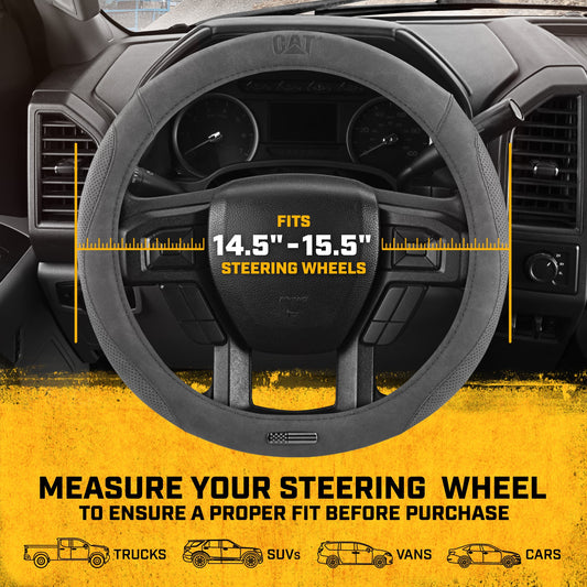 Cat® Honor Line Flux Lederlenkrad Abdeckung w Metall Flag Emblem, Grau Lederette, Standard 14.5-15.5 Zoll, Non Slip Komfort, Auto Lenkrad Abdeckung für Auto Truck SUV, Auto Zubehör