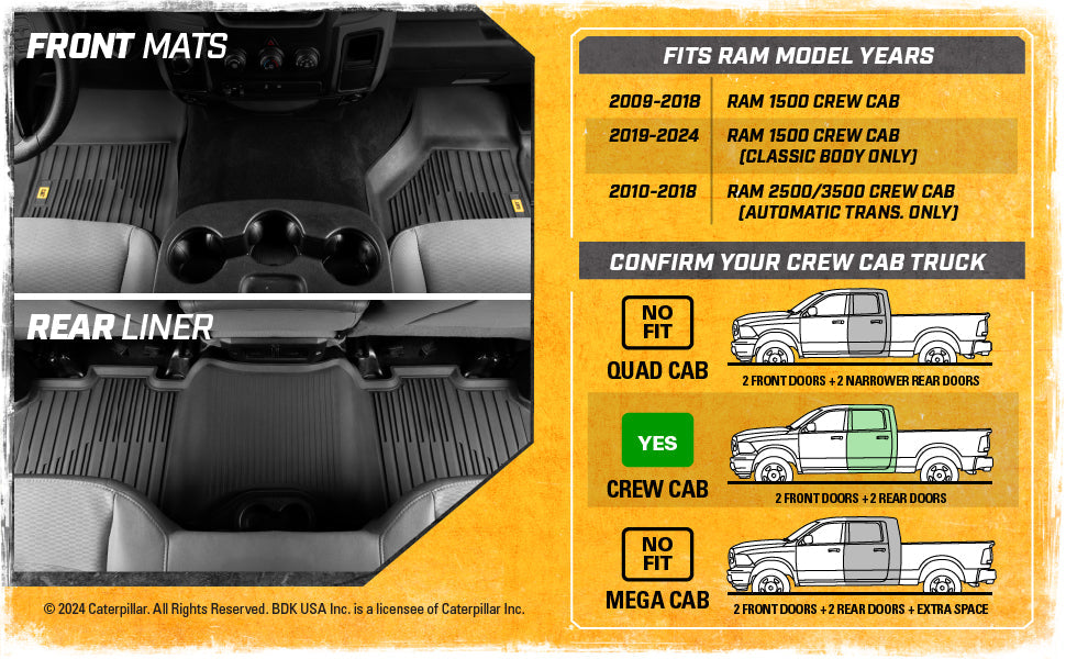CAT 3-Stück JustFit 3D Vorderbodenmatten und Hinterbodenmatten für Dodge Ram 1500 Crew Cab 2009-2018, Dodge Ram 2500/3500 Crew Cab 2010-2018, Dodge Ram Classic 2019-2024
