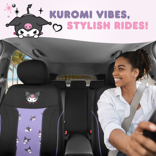 Hello Kitty Kuromi Autositzbezüge - Niedliche schwarze und violette Vordersitzbezüge mit Lavendelakzenten, langlebiges und komfortables Polyester, Autozubehör Hallo Kitty Zubehör 2pc