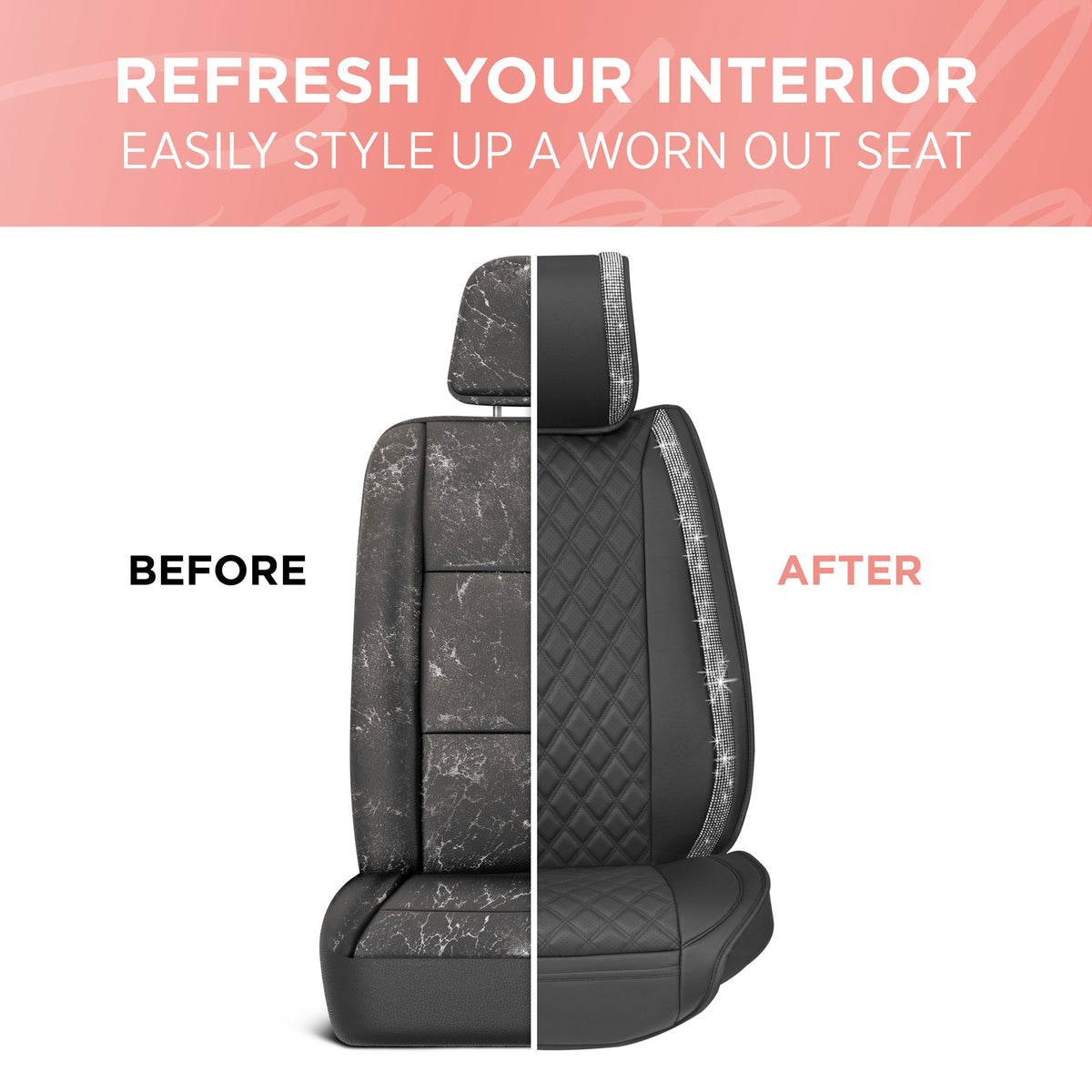 BlingStitchTM Car Seat Covers für Vordersitze - Luxuriöse vegane Ledersitzbezüge für Autos mit schwarzen Bling-Kristallen, Premium Automotive Seat Covers für SUV, Trucks, Car Bling Luxury