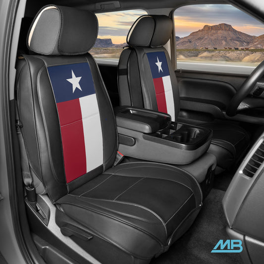MotorBox Texas Edition Faux Leather Black & Flag Seat Covers für Auto - Texas Flag auf gepolsterten Sitzprotektoren für Automobilzubehör, LKW, SUV, Auto - zwei Frontabdeckungen
