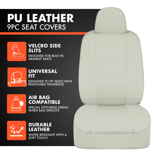 BDK 9-Piece White Leather Car Seat Cover Full Set, Vordersitz- und Hintersitzbank-Abdeckung, Universal Fit Car Seat Covers für PKW SUVs Vans, Komplette Vollabdeckung Schutz für Fahrzeuge