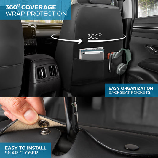 MotorBox Elite Edition Faux Ledersitz Abdeckungen für Autos, LKW und SUV - 2 schwarze Autositz Abdeckungen für Vordersitze - Universal Fit Car Zubehör Automotive Interior Cover Protector für die meisten Fahrzeuge