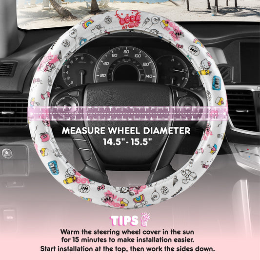 Hallo Kitty Lenkrad Abdeckung, Offizielle Sanrio Auto Lenkrad Abdeckung mit Universalgröße 14.5 - 15.5, Niedlich Weißes Lenkrad Abdeckung für Frauen, Hallo Kitty Auto Zubehör (Hallo Kitty Look At Me)