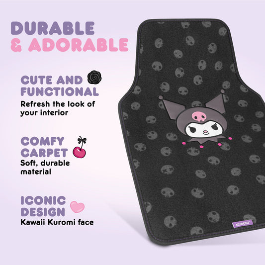 Kuromi Carpet Car Bodenmatten - Universal Fit für Autos, SUVs & Trucks - Schwarz mit Kuromi Print & Purple, Pink Accents - Front & Rear Set, 4 Stück