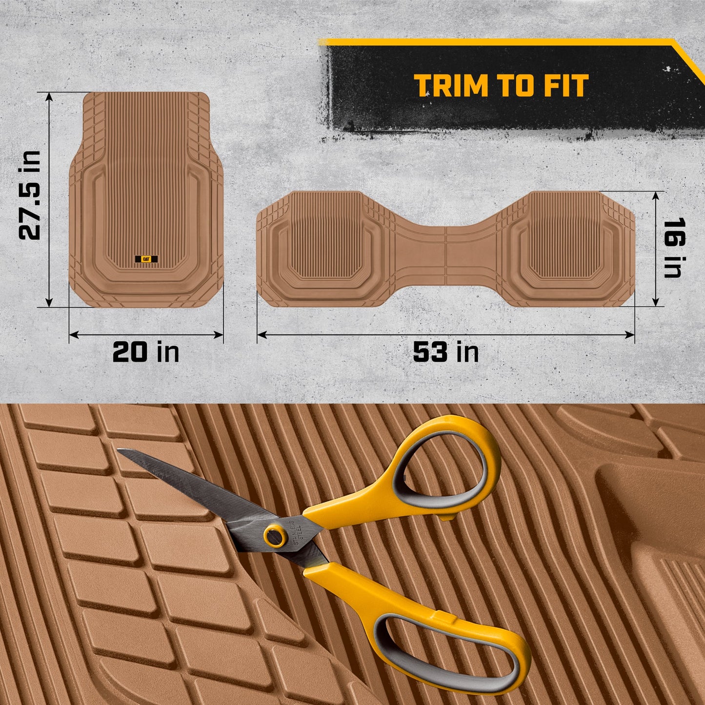 Cat® TerrainGuardTM Heavy-Duty 3-Piece Allwetter-Gummi-Bodenmatten für Auto, LKW, SUV, Van - Trim-to-Fit Deep Dish Automotive Floor Liners, Maximum Schmutz & Wasserschutz, Universal Fit, Beige