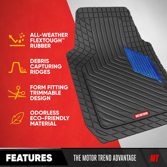 Motor Trend MetallicGuard Car Bodenmatten Volles Set - Langlebige Gummibodenmatten mit blauem Metallic Heel Pad, Allwetter-Innenschutz für Vorder- und Rückseite mit rutschfester Rückseite