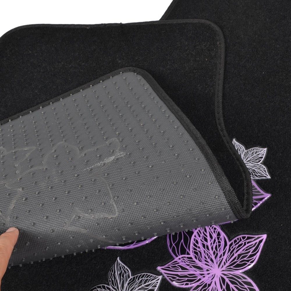 BDK 5-Piece Purple & White Flowers Vorderbodenmatten, Hinterbodenmatten und Lenkradabdeckung (Fits 14.5' - 15.5')