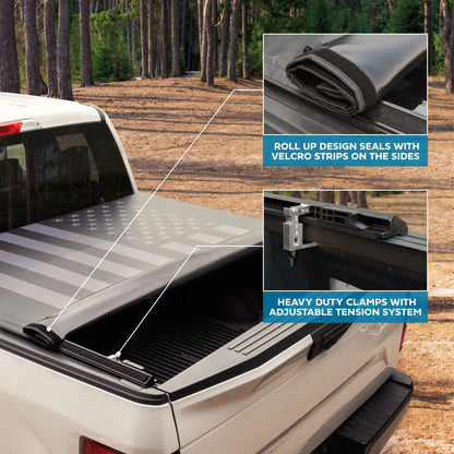 MotorBox USA Black American Flag Soft Roll-Up Retractable Tonneau Cover für Ram 1500 (2002 - 2023), Ram 2500 (2003 - 2020), Ram 3500 (2003 - 2020) - 6,4' Bett