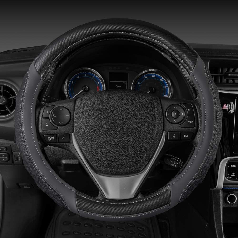 Motor Trend UltraSport Carbon Fiber Steering Wheel Cover, Standard 15 Zoll Größe, Black Faux Leather Comfort Grip, Car Steering Wheel Cover für Auto Truck Van SUV (Mehrere Farben)