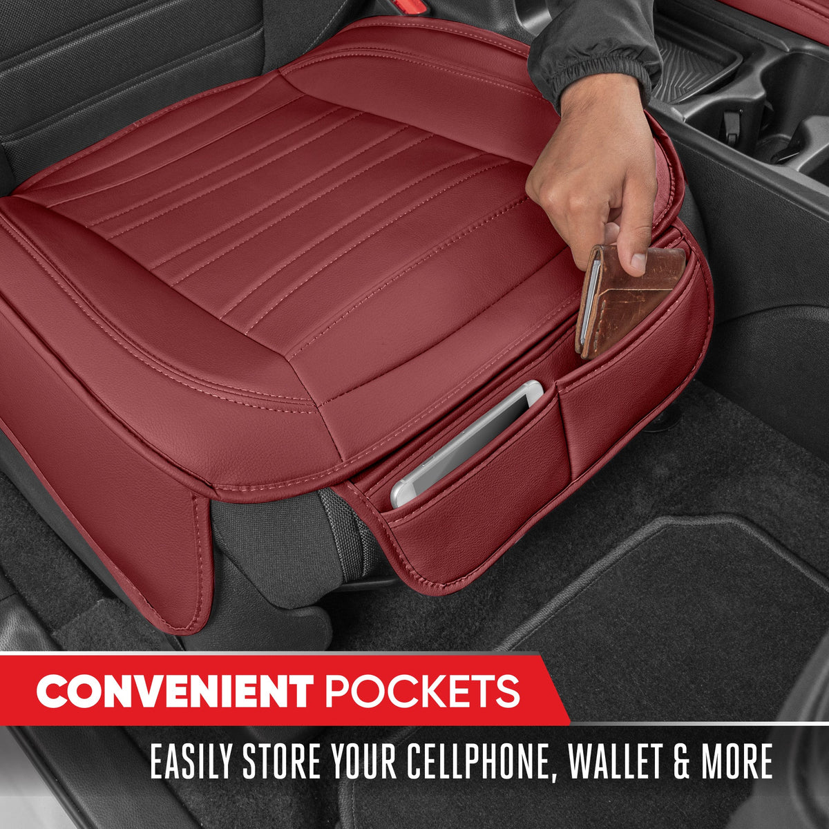 Motor Trend Faux Leder Vordersitz Abdeckung für Autos - Set von 2 Burgunder Vordersitz Abdeckungen für SUV & Truck mit Aufbewahrung Taschen - Autositze Abdeckung Protector - Bottom Cushion Coverage Only