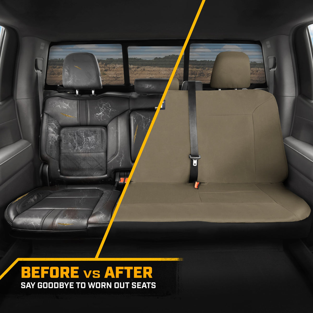 CAT Beige Rücksitz Abdeckung für LKW, Autos & SUVs – Heavy-Duty Oxford Canvas – 60/40 Split Bench Protector – Langlebige Rücksitz Abdeckung für Arbeits-Trucks, Haustiere, Reisen – Car & Truck Interior Accessory