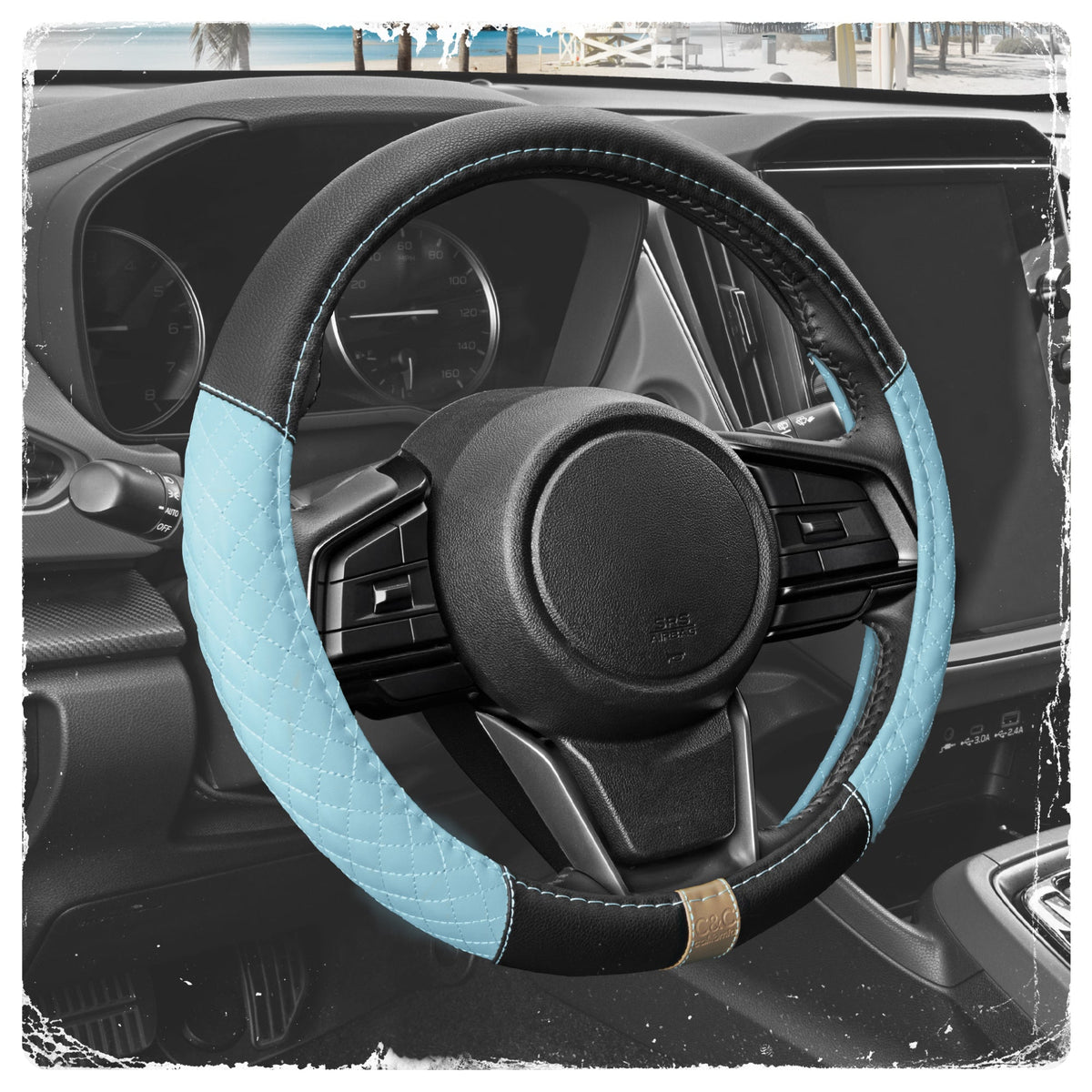 C&C California Car Steering Wheel Cover Blaue Diamant Quilt, Non Slip Leder Lenkrad Abdeckung für Männer, Niedlich Komfortable Soft Easy Installation Universal Fit (Fits 14.5'-15.5' Zoll)