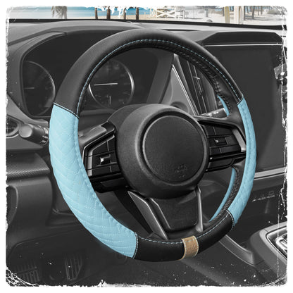 C&C California Car Steering Wheel Cover Blaue Diamant Quilt, Non Slip Leder Lenkrad Abdeckung für Männer, Niedlich Komfortable Soft Easy Installation Universal Fit (Fits 14.5'-15.5' Zoll)