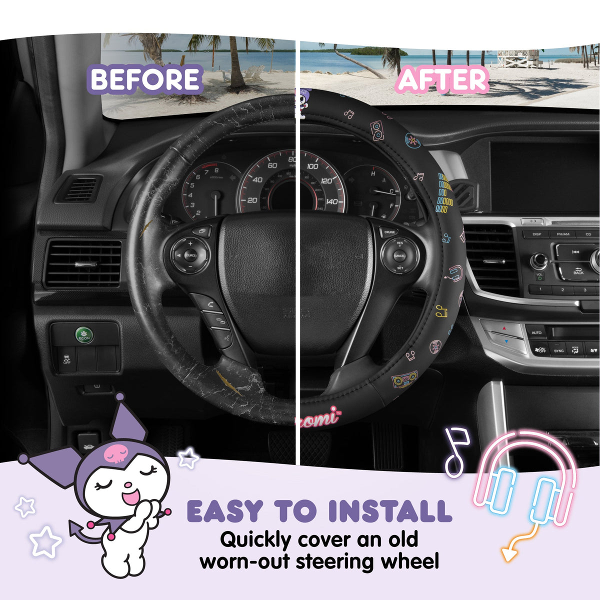 Carbella Sanrio Kuromi Neon Party Lenkrad Abdeckung (Fits 14.5' - 15.5')