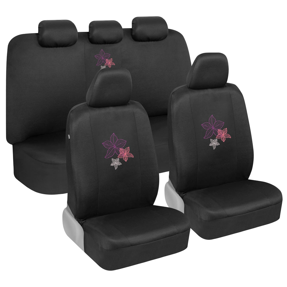 BDK 12-teilige Hawaiian Flowers Vordersitzbezüge, Rücksitzbezüge, Sitzgurtpads und Lenkradbezüge (Fits 14.5' - 15.5')