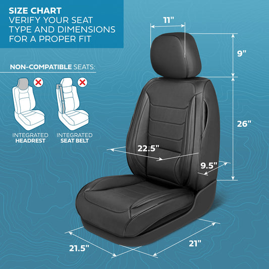 MotorBox Elite Edition Faux Ledersitz Abdeckungen für Autos, LKW und SUV - 2 schwarze Autositz Abdeckungen für Vordersitze - Universal Fit Car Zubehör Automotive Interior Cover Protector für die meisten Fahrzeuge