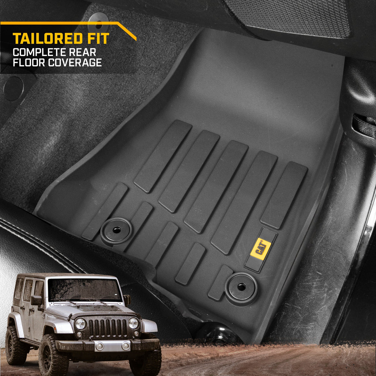 CAT 3-Stück JustFit 3D Bodeneinlagematten für Jeep Wrangler 4WD (2018 - 2026) - All Weather, Heavy Duty, Custom Fit