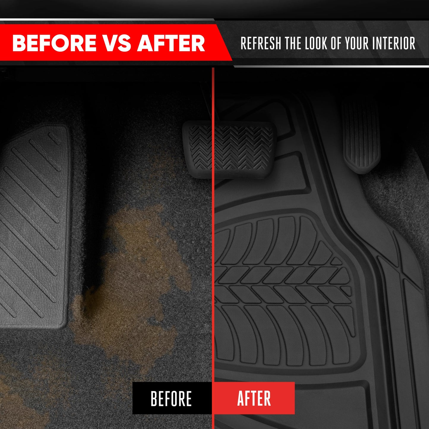 Motor Trend FlexTough Guard Allwetter-Bodenmatten für Autos - Schwarze wasserdichte Gummibodenmatten, universelles Trim-to-Fit-Autozubehör für Autos, LKW & SUV