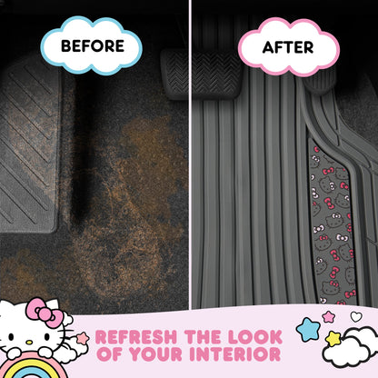 Hello Kitty Car Matts 4pc Bodenmatten für Autos LKWs SUVs Kawaii Autobodenmatten für Damen Männer Zubehör Gummi Heavy Duty Niedlich niedlich, immer vorne hinten Hallo Kitty Car Zubehör Classic Gray mit rosa Bögen