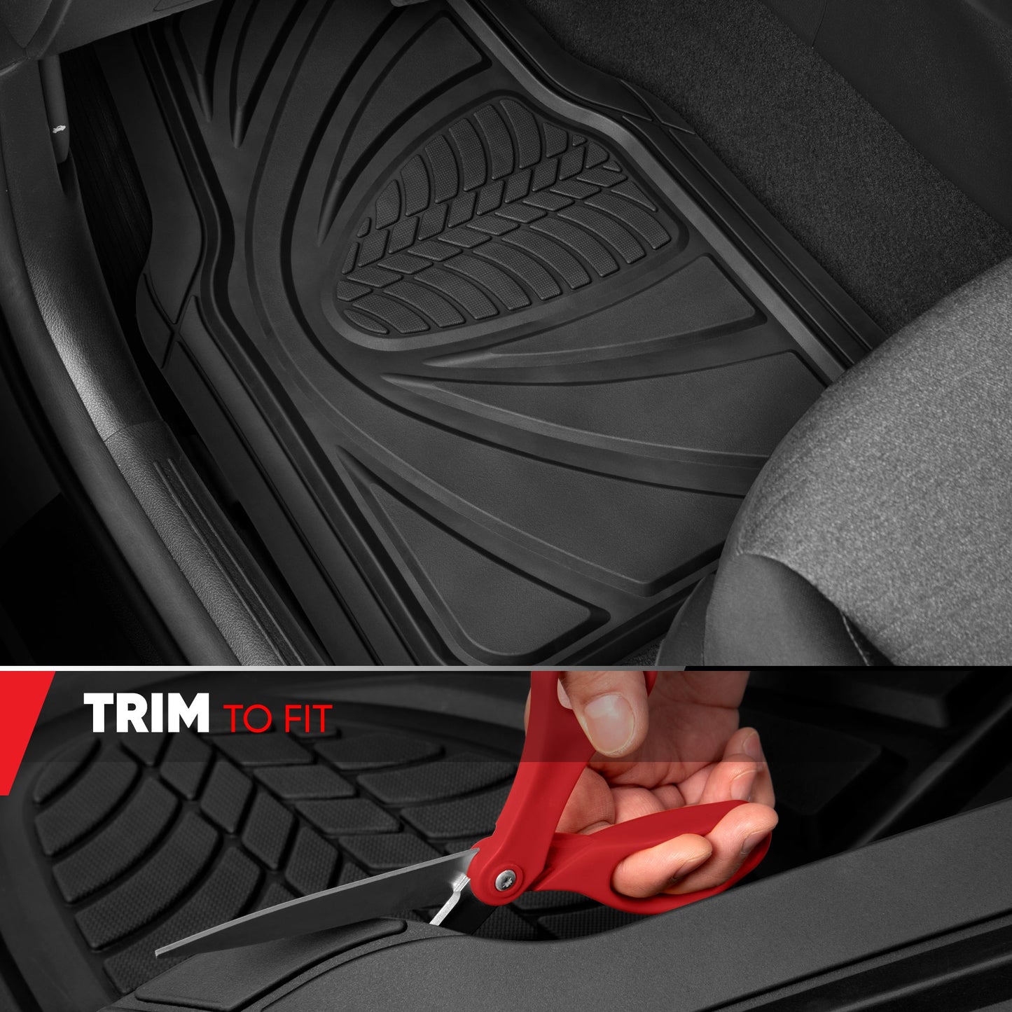 Motor Trend FlexTough Guard Allwetter-Bodenmatten für Autos - Schwarze wasserdichte Gummibodenmatten, universelles Trim-to-Fit-Autozubehör für Autos, LKW & SUV