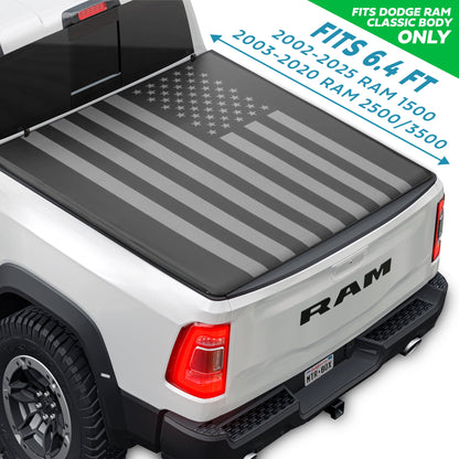 MotorBox USA Black American Flag Soft Roll-Up Retractable Tonneau Cover für Ram 1500 (2002 - 2023), Ram 2500 (2003 - 2020), Ram 3500 (2003 - 2020) - 6,4' Bett