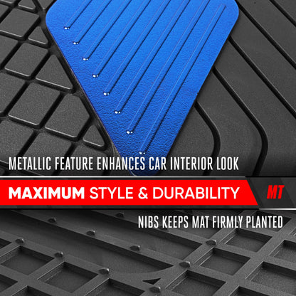 Motor Trend MetallicGuard Car Bodenmatten Volles Set - Langlebige Gummibodenmatten mit blauem Metallic Heel Pad, Allwetter-Innenschutz für Vorder- und Rückseite mit rutschfester Rückseite