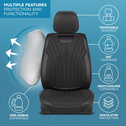 MotorBox Elite Edition Faux Leder & Suede Sitzbezüge für Autos, LKW & SUV - 2 schwarze Autositzbezüge für Vordersitze - Universal Fit Car Zubehör Automotive Interior Cover Protector für Autos