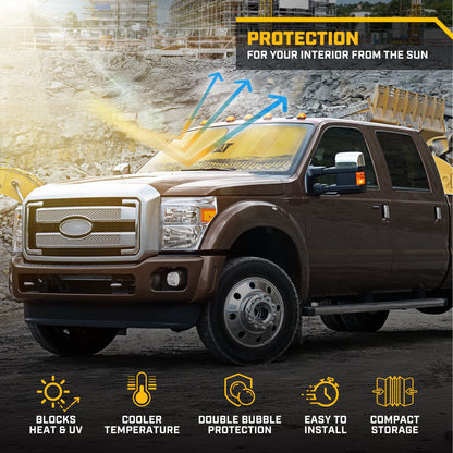 CAT Auto Shade für Autos & Trucks - Jumbo 65'x27' Akkordeon faltbarer Sonnenschutz mit fettem gelben Reifenspurendesign - Heavy-Duty Windschutzscheibe Abdeckung für maximalen UV-Schutz & Innenkühlung