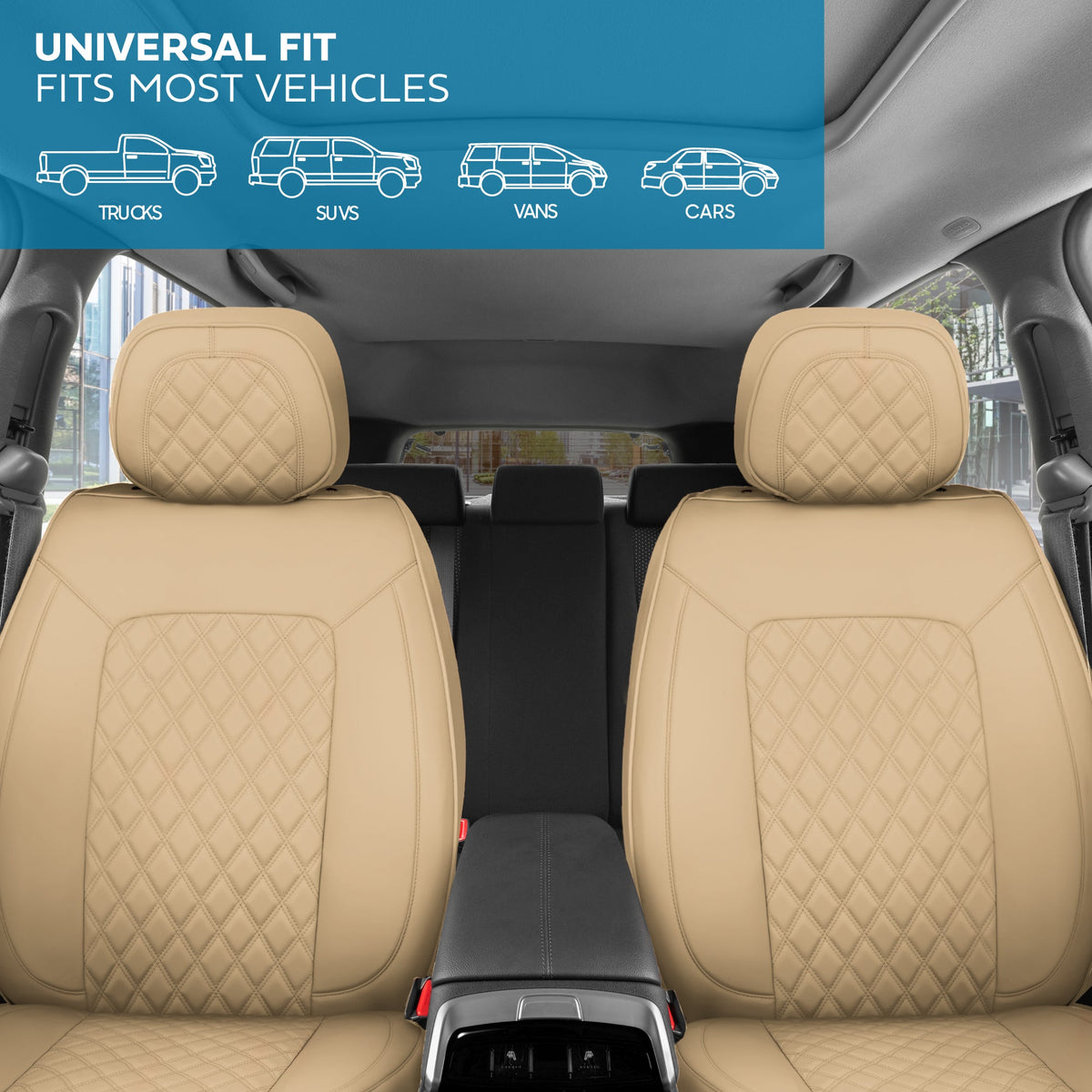 MotorBox Prestige Edition Faux Ledersitzbezüge für Autos, LKW und SUV - 2 Beige Autositzbezüge für Vordersitze - Universal Fit Car Zubehör Automotive Interior Protector für die meisten Fahrzeuge