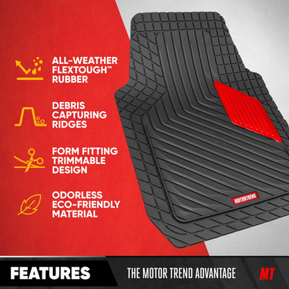 Motor Trend MetallicGuard Car Bodenmatten Volles Set - Langlebige Gummibodenmatten mit rotem Metallic Ferse Pad, Allwetter-Innenschutz für Vorder- und Rückseite mit rutschfester Rückseite