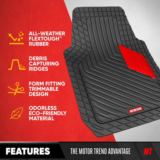 Motor Trend MetallicGuard Car Bodenmatten Volles Set - Langlebige Gummibodenmatten mit rotem Metallic Ferse Pad, Allwetter-Innenschutz für Vorder- und Rückseite mit rutschfester Rückseite