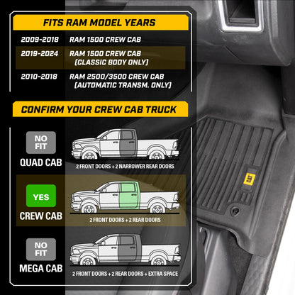 CAT 3-Stück JustFit 3D Vorderbodenmatten und Hinterbodenmatten für Dodge Ram 1500 Crew Cab 2009-2018, Dodge Ram 2500/3500 Crew Cab 2010-2018, Dodge Ram Classic 2019-2024