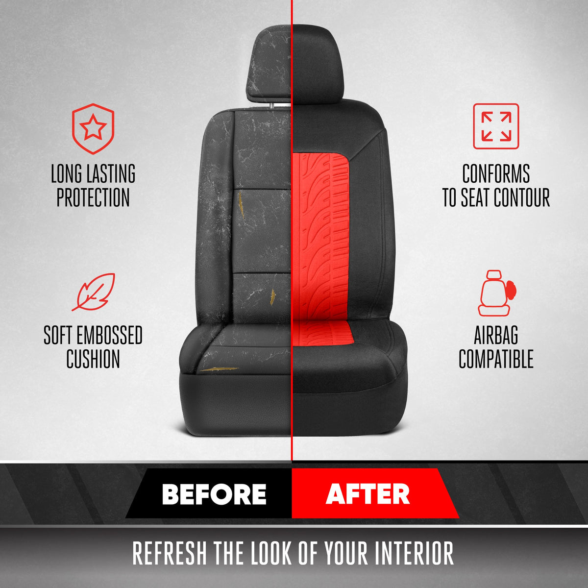 Motor Trend GrandPrix Sitzbezüge für Autos, 2-Pack Black & Red Reifen Lauffläche geprägte Autositzbezüge für Vordersitze, Automotive Interior Abdeckungen für Auto LKW Van SUV