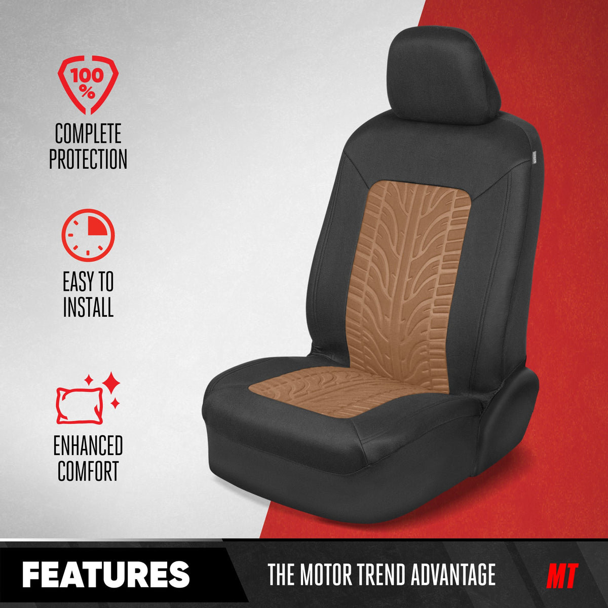 Motor Trend GrandPrix Sitzbezüge für Autos, 2-Pack Black & Beige Reifen Lauffläche geprägte Autositzbezüge für Vordersitze, Automotive Interior Abdeckungen für Auto LKW Van SUV