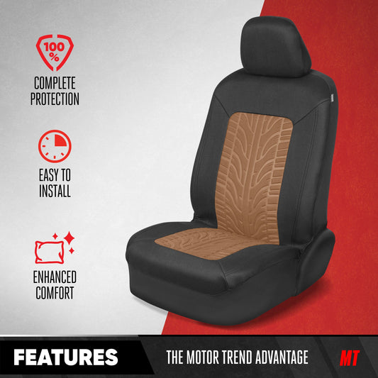 Motor Trend GrandPrix Sitzbezüge für Autos, 2-Pack Black & Beige Reifen Lauffläche geprägte Autositzbezüge für Vordersitze, Automotive Interior Abdeckungen für Auto LKW Van SUV
