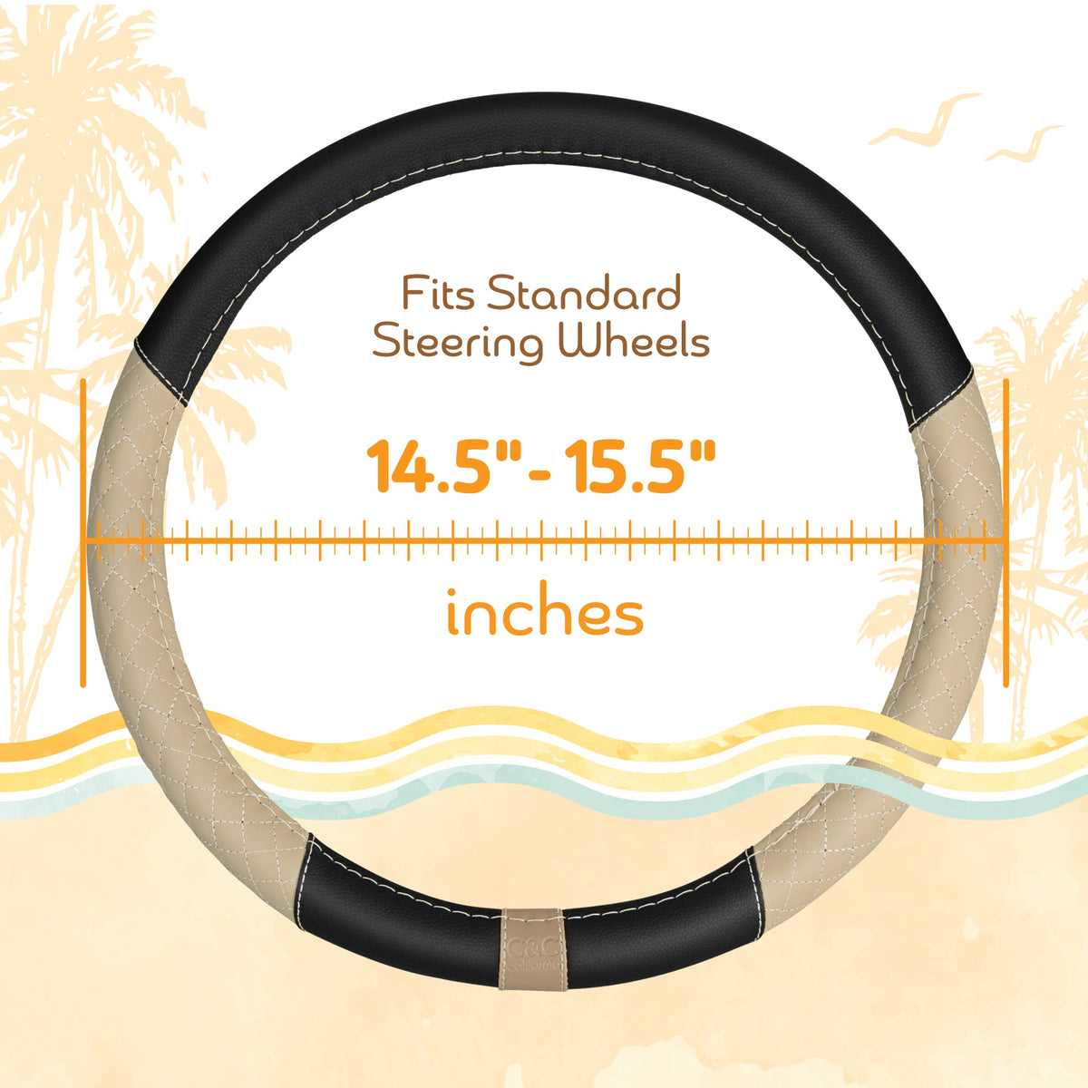 C&C California Car Steering Wheel Cover Beige Diamond Quilt, Non Slip Leather Steering Wheel Cover für Damen Männer, Niedlich Komfortable Soft Easy Installation Universal Fit (Fits 14.5'-15.5' Zoll)