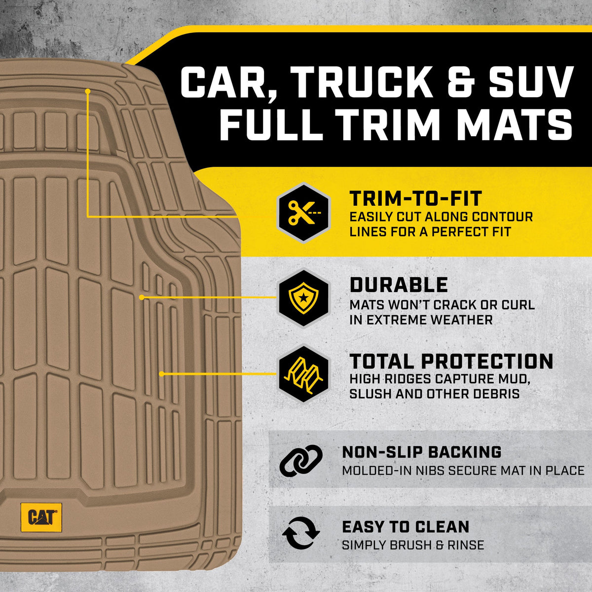CAT 3-Stück ToughRide Gummi Vorderbodenmatten und hintere Bodenmatten - Heavy Duty, All Weather, Trimmen Sie, um zu passen