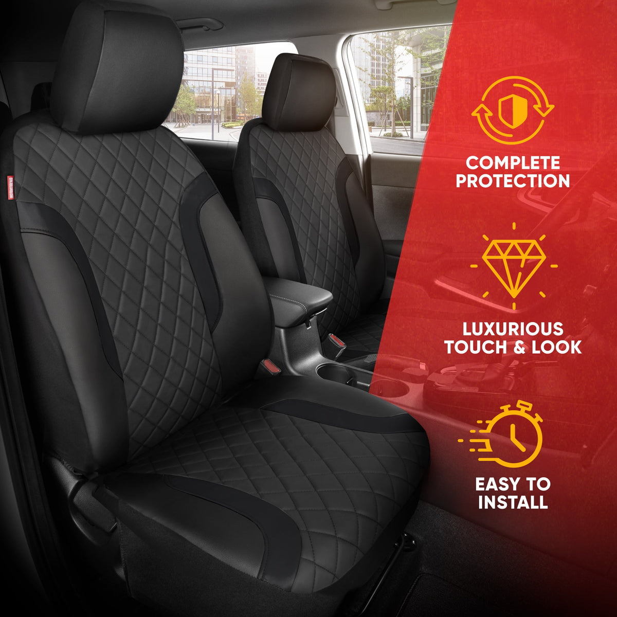 Motor Trend Faux Ledersitzbezüge für LKW, Autos und SUV - Front Black Car Seat Cover Set - Universal Fit für die meisten Automobile - Forros Para Asientos De Carro - CarSeat Cover Zubehör