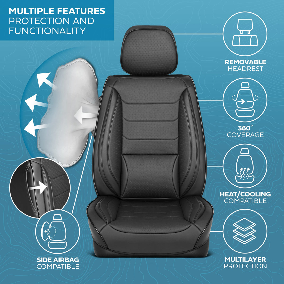 MotorBox Elite Edition Faux Ledersitz Abdeckungen für Autos, LKW und SUV - 2 schwarze Autositz Abdeckungen für Vordersitze - Universal Fit Car Zubehör Automotive Interior Cover Protector für die meisten Fahrzeuge