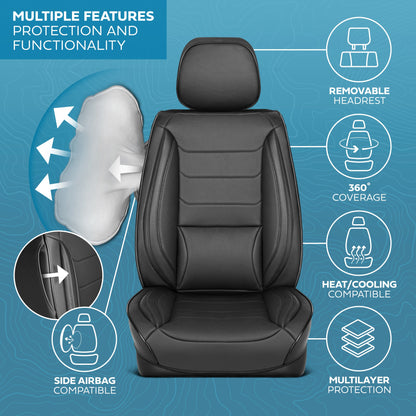MotorBox Elite Edition Faux Ledersitz Abdeckungen für Autos, LKW und SUV - 2 schwarze Autositz Abdeckungen für Vordersitze - Universal Fit Car Zubehör Automotive Interior Cover Protector für die meisten Fahrzeuge