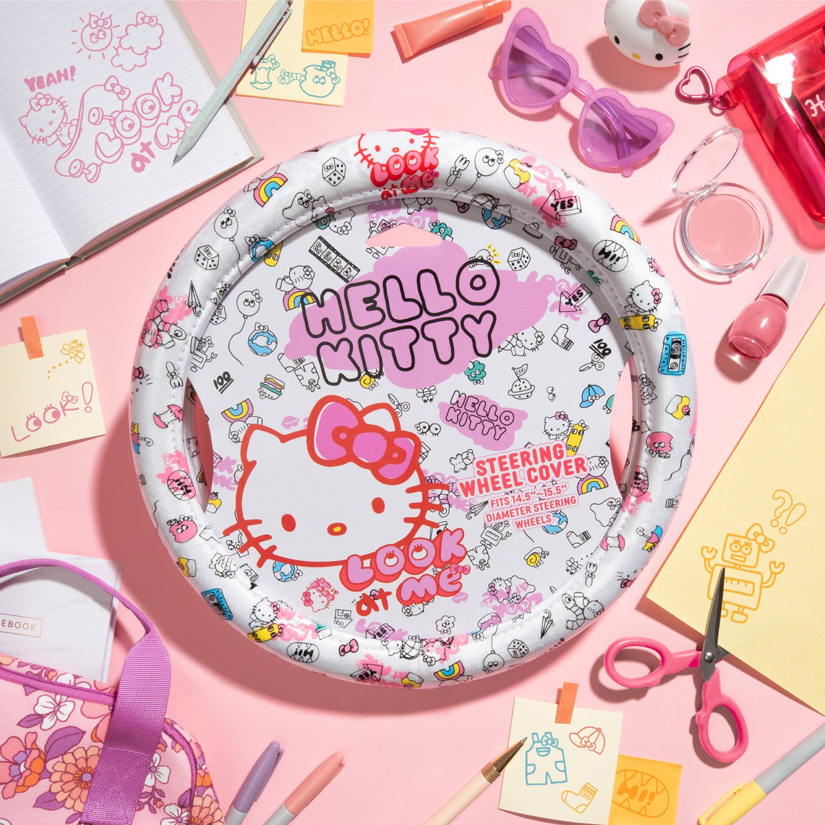 Hallo Kitty Lenkrad Abdeckung, Offizielle Sanrio Auto Lenkrad Abdeckung mit Universalgröße 14.5 - 15.5, Niedlich Weißes Lenkrad Abdeckung für Frauen, Hallo Kitty Auto Zubehör (Hallo Kitty Look At Me)