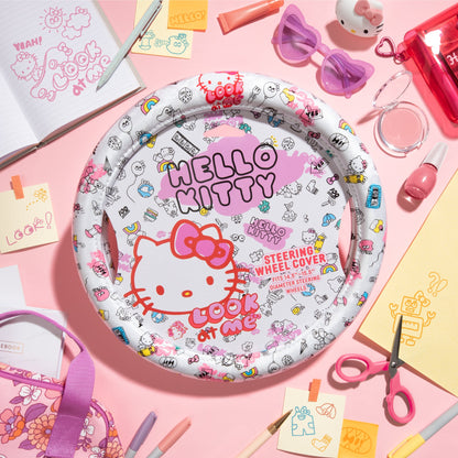 Hallo Kitty Lenkrad Abdeckung, Offizielle Sanrio Auto Lenkrad Abdeckung mit Universalgröße 14.5 - 15.5, Niedlich Weißes Lenkrad Abdeckung für Frauen, Hallo Kitty Auto Zubehör (Hallo Kitty Look At Me)