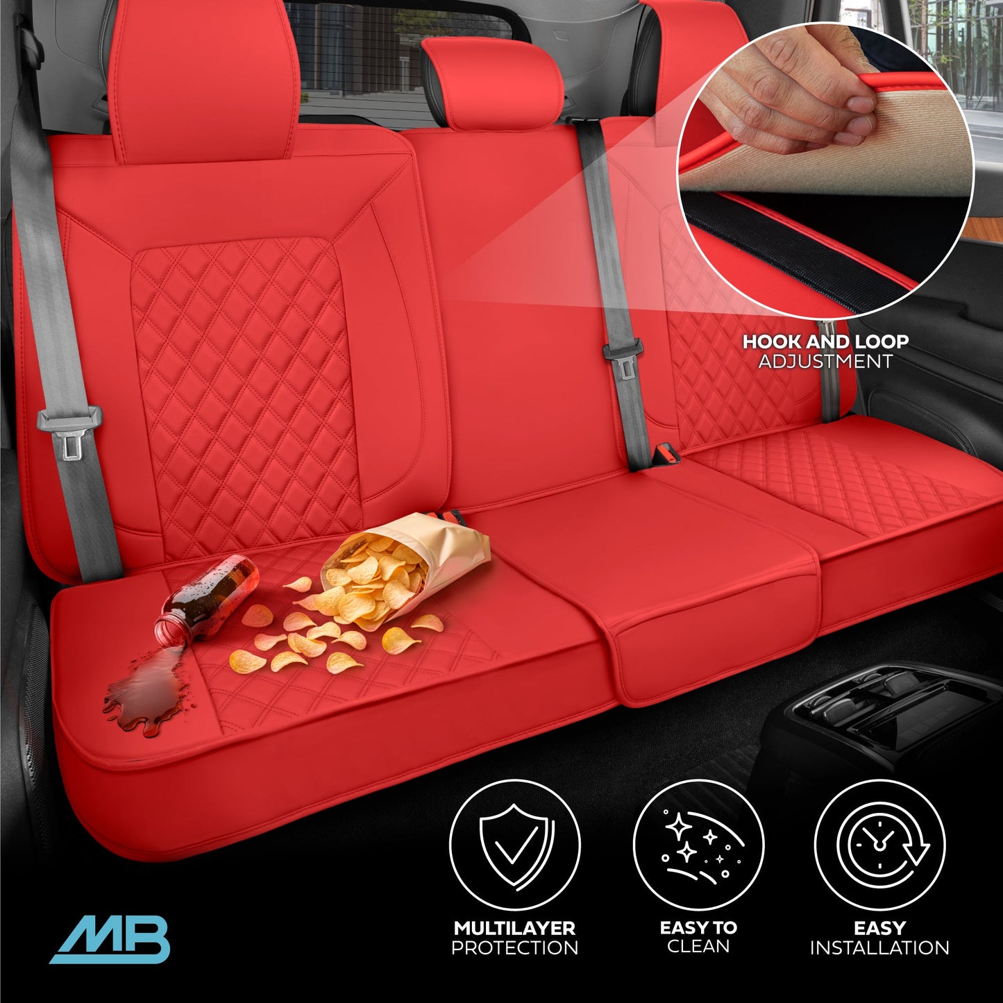MotorBox Premium Napa Lederrücksitz Abdeckung - Semi Universal Fit für die meisten Autos, LKW & SUV - Red Back Seat Protector - Anti-Rutsch, langlebige Bench Abdeckung - Einfache Installation, Luxus-Auto-Innenausstattung