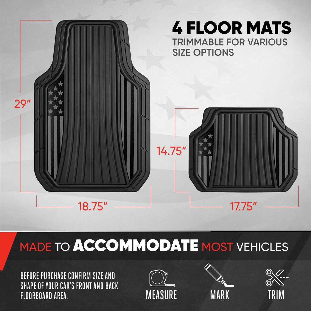 Motor Trend Flag Bodenmatten Volles Set - Langlebige schwarze Gummi Auto Bodenmatten für LKW Autos SUV mit zwei Ton Akzent, All Wetter Innenschutz für Front und Rückseite mit rutschfestem Rücken, Black Gloss - Flagge Schwarz / Gray