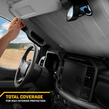 CAT Auto Shade für Autos & Trucks - Jumbo 65'x27' Akkordeon faltbarer Sonnenschutz mit fettem gelben Reifenspurendesign - Heavy-Duty Windschutzscheibe Abdeckung für maximalen UV-Schutz & Innenkühlung