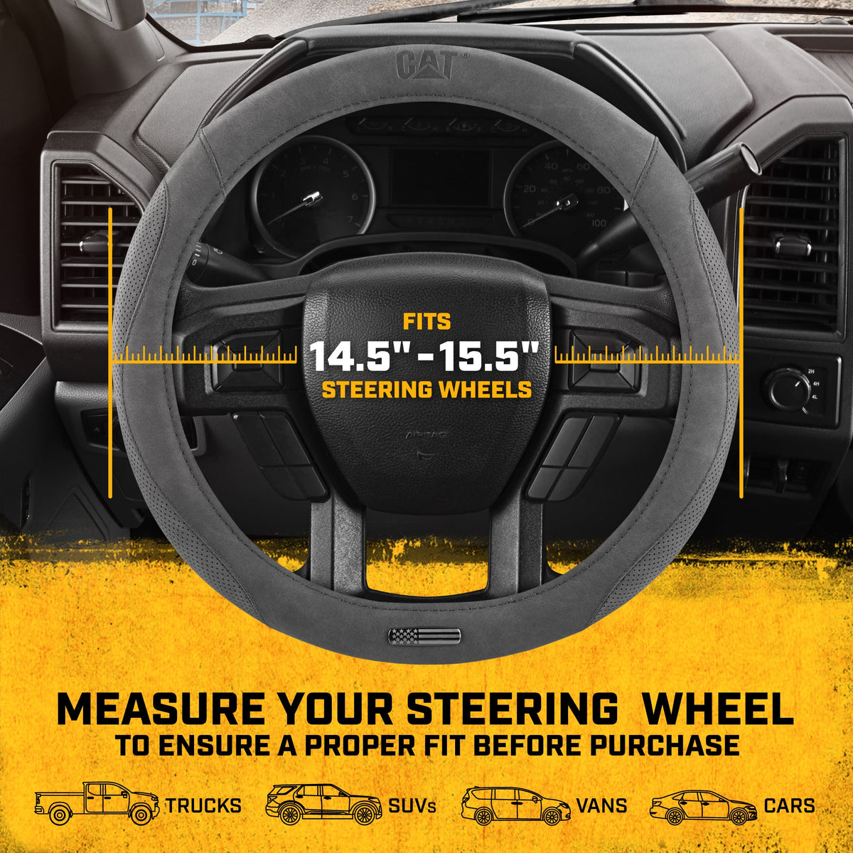 Cat® Honor Line Flux Lederlenkrad Abdeckung w Metall Flag Emblem, Grau Lederette, Standard 14.5-15.5 Zoll, Non Slip Komfort, Auto Lenkrad Abdeckung für Auto Truck SUV, Auto Zubehör