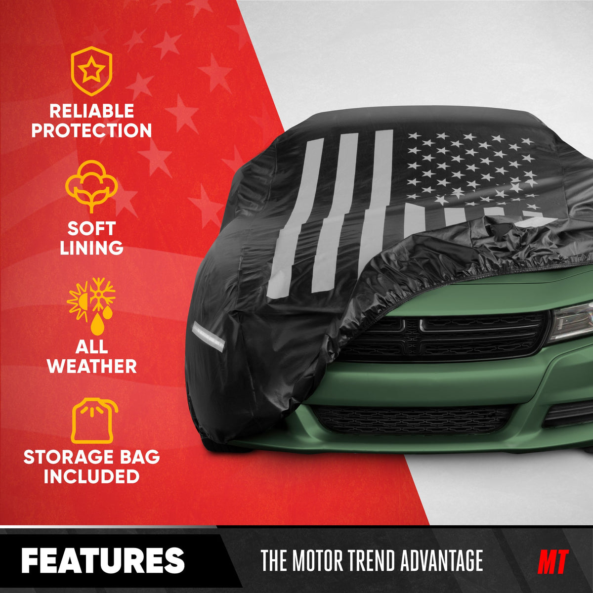 Motor Trend Black USA Flag Wasserdichte Autoabdeckung - Allwetterschutz im Freien, UV-resistent, winddicht, kratzfest - Semi-Universal Fit Limousine Full Car Cover für Sonnenregen Schnee (191'- 210' Länge)