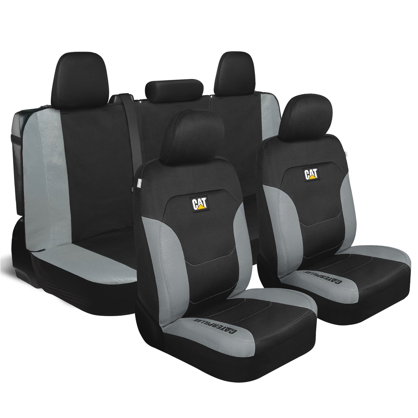 CAT Black & Gray Car Seat Covers Full Set – Front Seat Covers & Rear Bench Seat Cover – Airbag-kompatibel, 60/40 Split Bench für LKW, PKW & SUVs – Automotive Interior Seat Protection Zubehör – Alias 639034929689400484